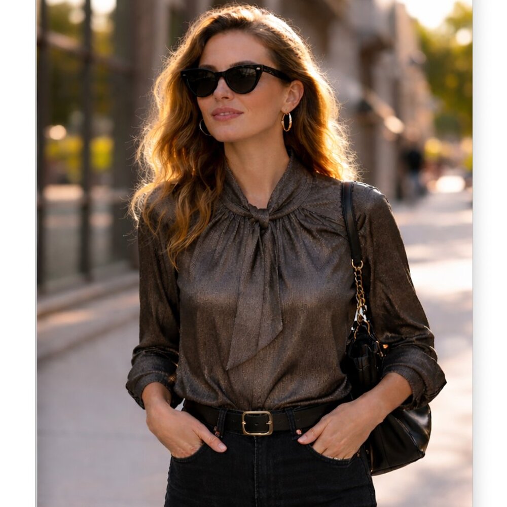 J. CREW metallic neck tie golden blouse